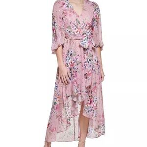 Eliza J Sheer floral pink tie waist dress